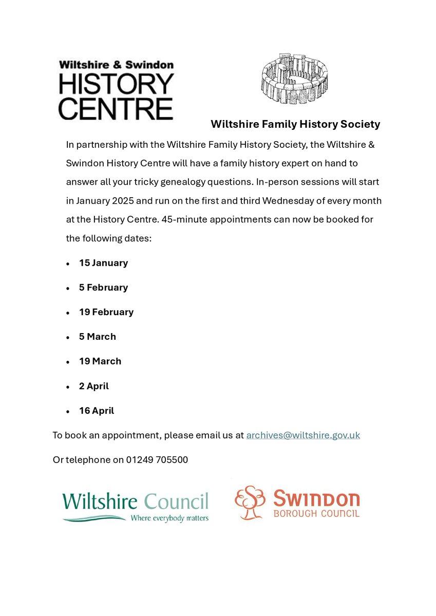 Heritage@WSHC (@heritagewshc) on Twitter photo We are delighted that the Wiltshire Family History Society will be offering sessions every first and third Wednesday of the month starting 15th January 2025. Email archives@wiltshire.gov.uk or ring 01249 705500 to book a 45 minute slot with them! #FamilyHistory We are delighted that the Wiltshire Family History Society will be offering sessions every first and third Wednesday of the month starting 15th January 2025. Email archives@wiltshire.gov.uk or ring 01249 705500 to book a 45 minute slot with them! #FamilyHistory