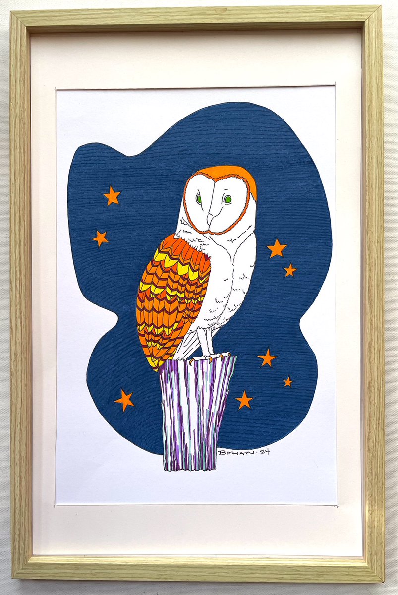 RobertBohan's tweet photo. This lad lives on my sister’s farm. I love owls &amp; really like capturing barn owns in ink - they are such fascinating creatures! 

Barn Owl (2024) | Original ink on paper drawing by Robert Bohan https://t.co/u01rGDc3k6