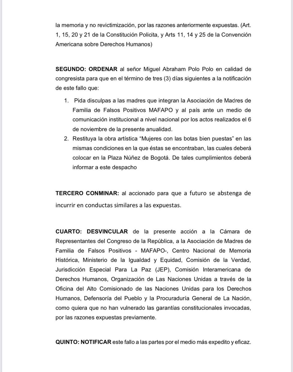 #NoticiaW | El juzgado 30 civil del Circuito de Bogotá, en un fallo de tutela, ordenó al representante a la Cámara, Miguel Polo Polo, que ofrezca disculpas a las Madres de Soacha (<a href="/MAFAPOCOLOMBIA/">Madres Falsos Positivos de Colombia</a>) y a las víctimas de falsos positivos, esto por el video en el que las
