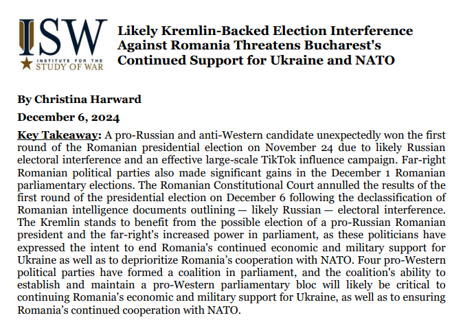 NEW: Likely Kremlin-Backed Election Interference Against Romania Threatens Bucharest's Continued Support for Ukraine and NATO

Special Report + Key Takeaways⬇️🧵(1/9)