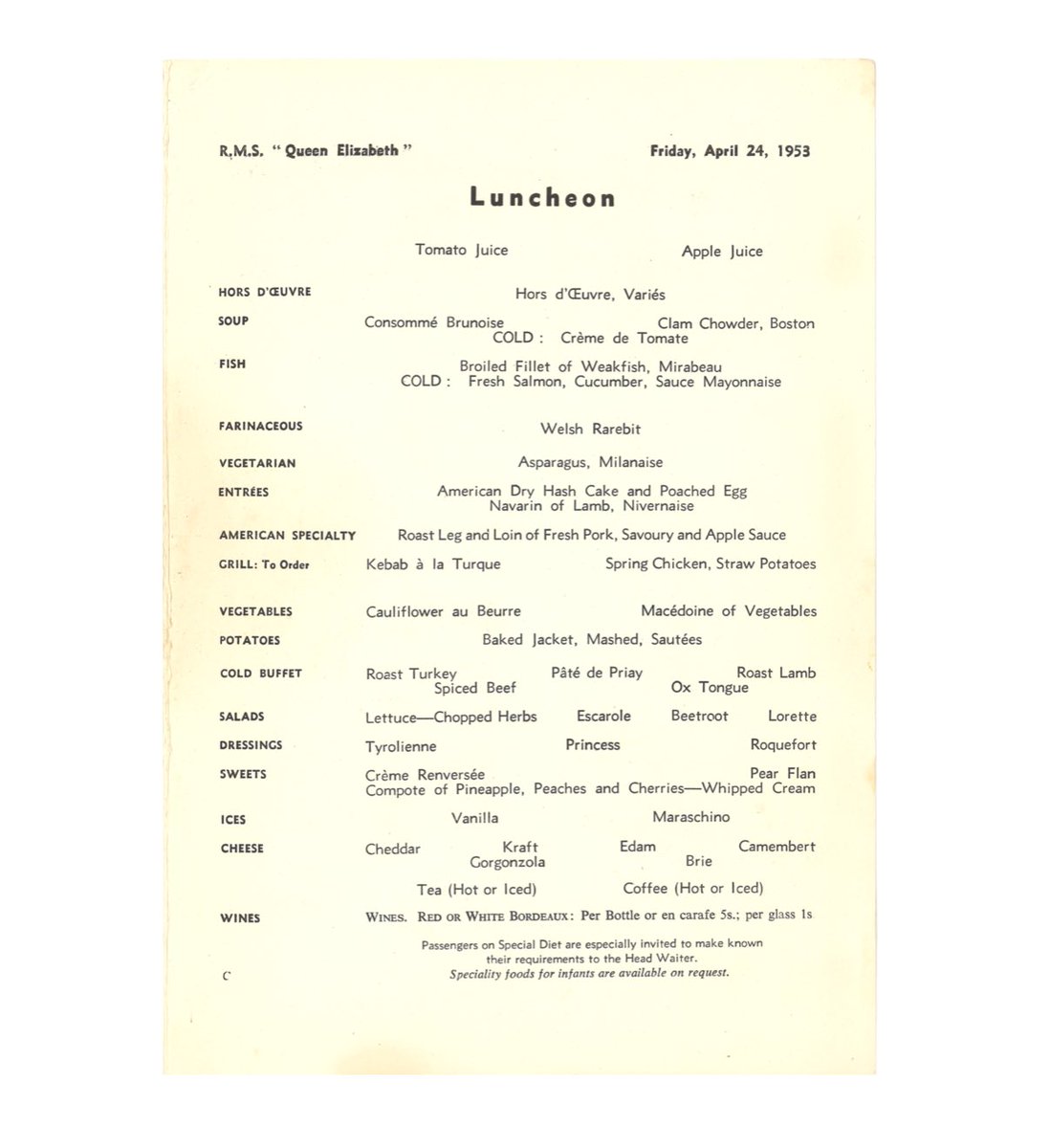 SeaportMuseum's tweet photo. What would you pick from this #menu if you were aboard RMS Queen Elizabeth? The Spring chicken and straw potatoes sound tasty. Read more about dining at sea on our #CollectionsChronicles blog at https://t.co/yyCIGV1M0c
#ArchivesFeast #ArchivesHashtagParty
🍽: 2003.039.0208 https://t.co/gPkjNqeXPc