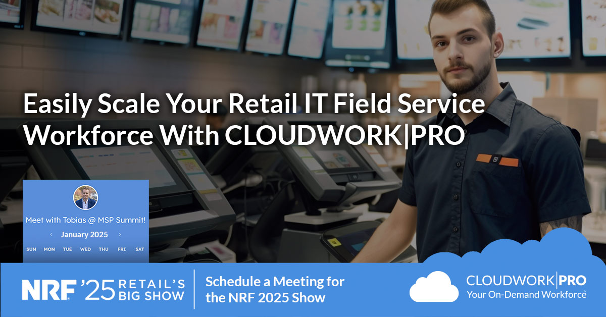 CloudworkPRO's tweet photo. Are you attending the National Retail Federation’s 2025 Big Show and need vetted and dependable on-demand IT field service techs for national rollouts? Look no further than CLOUDWORK|PRO! Sign up today for a meeting at #NRF2025 to learn more: https://t.co/f52u4wiYEG https://t.co/PX8jaSQLwc