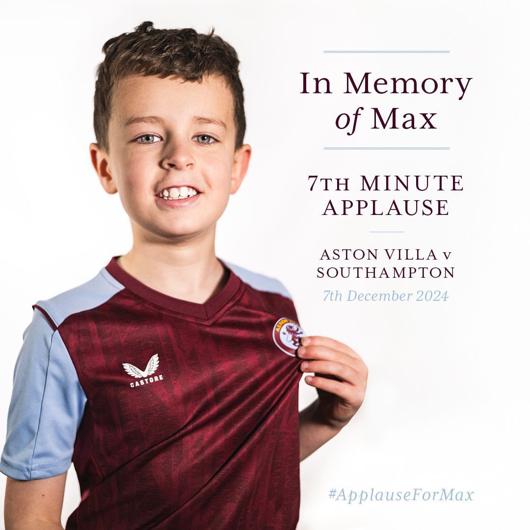 In memory of beloved Holte Ender In The Sky, Max, a 7 year old Villa fan who passed away recently at Acorns Children’s Hospice

Please help celebrate his life with a minute’s applause on the 7th minute of the Villa vs Southampton game

#ApplauseForMax #Forever7 #HEITS #AVFC #UTV
