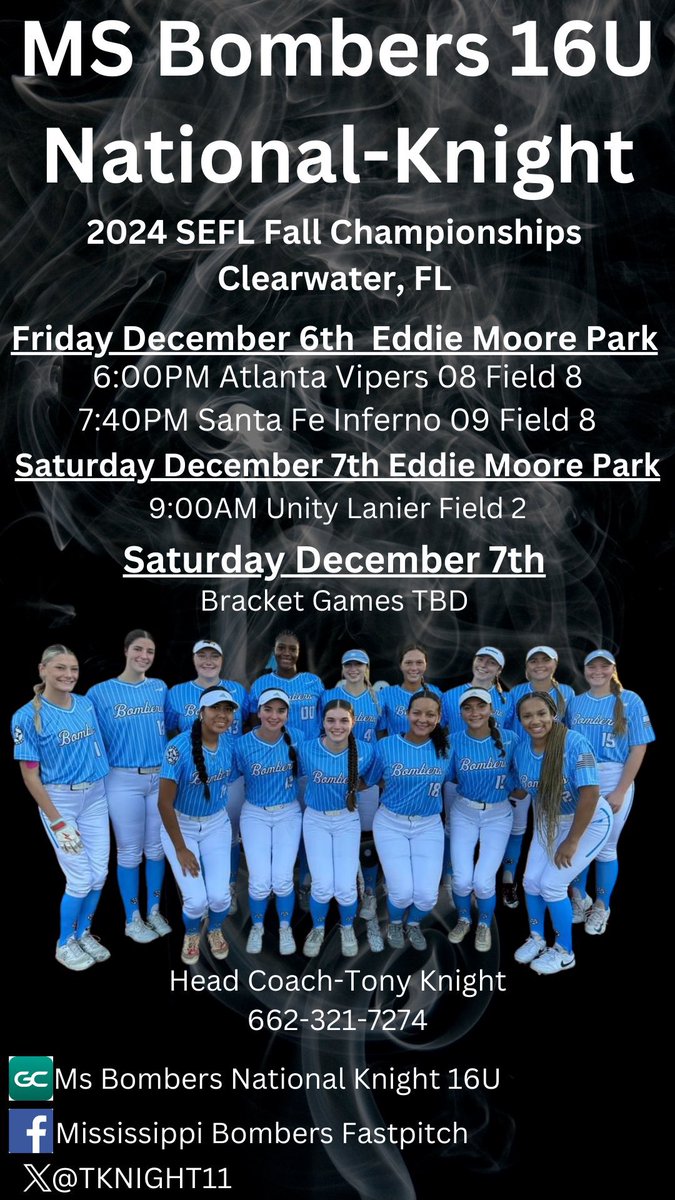 Last tournament for the fall! 
<a href="/LetsGoICC_SB/">Itawamba Softball</a> <a href="/PearlRiverSB/">Pearl River Softball</a> <a href="/JC_BobcatsSB/">Jones College SB</a> <a href="/NWSCC_SB/">Northwest Shoals Softball</a> <a href="/NWCCSoftball/">Northwest Ranger Softball</a> <a href="/UNASoftball/">North Alabama Softball</a> <a href="/DeltaStateSB/">Lady Statesmen Softball</a> <a href="/MCCEaglesSB/">MCC Eagles Softball</a> <a href="/JC_CoachTDEW/">Tori Dew</a> <a href="/coachangelbrown/">Angel Brown</a> <a href="/CoachMeeks_PRCC/">Christie Meeks</a> <a href="/carsonowens12/">Carson O.</a> <a href="/TKNIGHT11/">MS Bombers Fastpitch</a> <a href="/KimzeyMike/">Michael Kimzey</a>