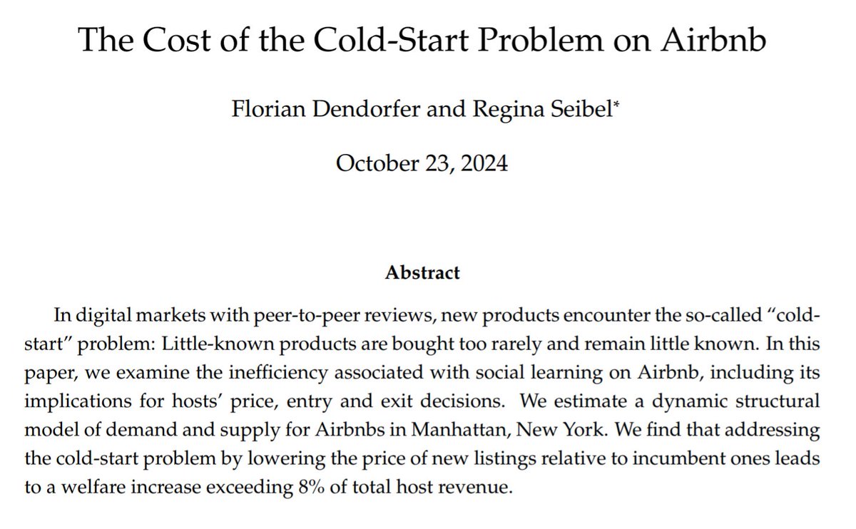 Florian Ederer (@florianederer) on Twitter photo How big is the cold-start problem on Airbnb? Pretty big!
Lowering the price of new listings relative to incumbent ones would lead to a welfare increase of more than 8% of total host revenue, mostly benefitting consumers. <a href="/ReginaSeibel4/">Regina Seibel</a> How big is the cold-start problem on Airbnb? Pretty big!
Lowering the price of new listings relative to incumbent ones would lead to a welfare increase of more than 8% of total host revenue, mostly benefitting consumers. <a href="/ReginaSeibel4/">Regina Seibel</a>