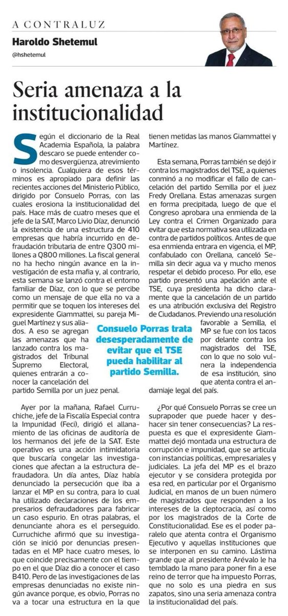hshetemul's tweet photo. Consuelo Porras es una grave amenaza para el país, porque sus ataques no van solo contra el presidente Arévalo,  sino contra cualquier institución que se le cruza en el camino. 
Comparto mi columna de opinión de hoy. https://t.co/VinajKXD81