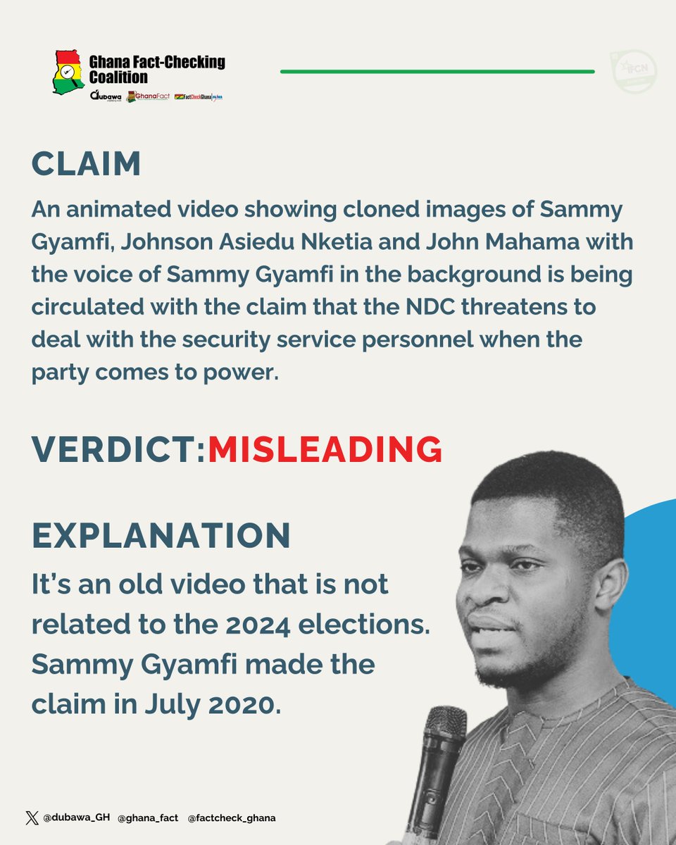 An animated video claiming Sammy Gyamfi has threatened to deal with the security forces is an old video and has nothing to do with the 2024 elections.

GhanaFact has previously debunked the same video. 
Read.....ghanafact.com/2024/05/fact-c…

 #VerifyElection2024 #VerifyGHElection2024