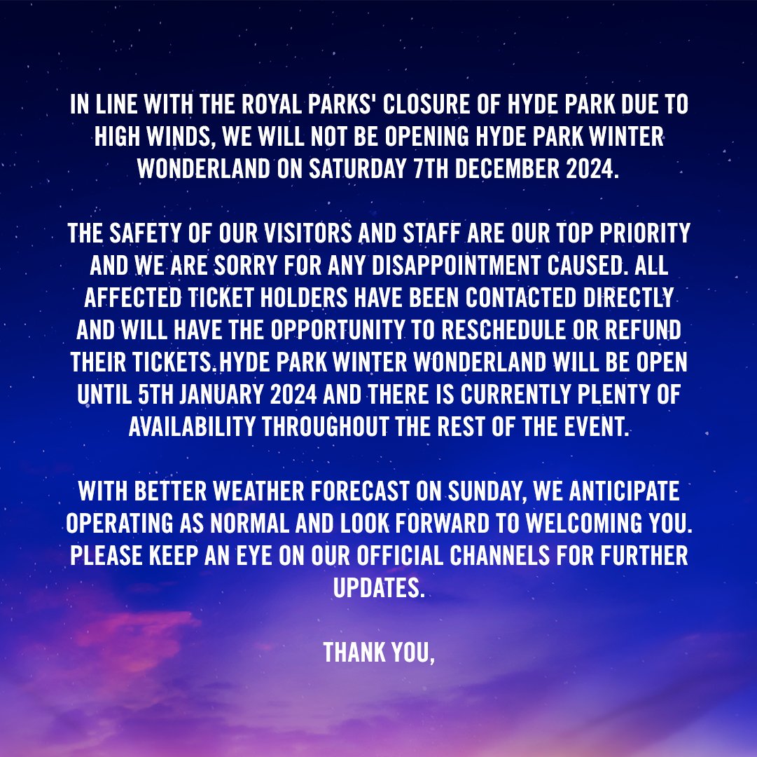 Important update for Saturday 7th December. Please keep an eye on our official channels for further updates. Thank you, HPWW Team x