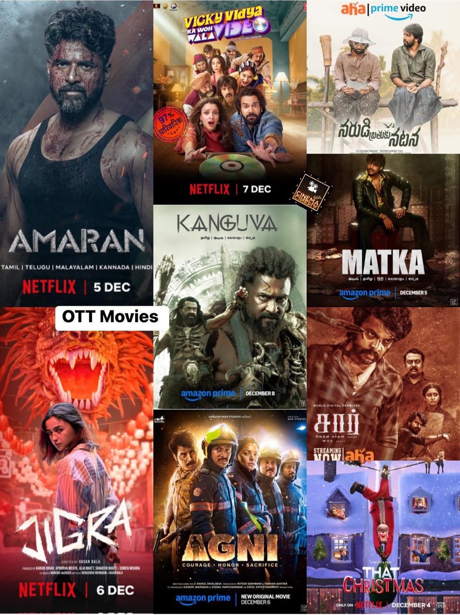 cineAddaUS's tweet photo. Dec 2024- Week 4 #WeekendKaAdda
Theatrical- #Pushpa2
OTT Movies- #Amaran #Kanguva #NarudiBrathukuNatana #JigraOnNetflix #MatkaOnPrime #Sir #Agni #VickyVidyaKaWohWalaVideo
Web /Docu Series- #BlackDovesNetflix #Tanaav2 https://t.co/i2ZQI4jb1q