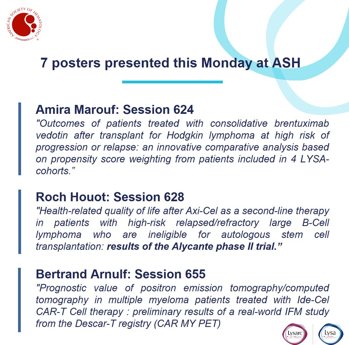 [LYSA posters ASH 24]

📢 7 posters this Monday at <a href="/ASH_hematology/">ASH</a> by <a href="/BachyEmmanuel/">Emmanuel Bachy</a>, <a href="/VincentCamus76/">Vincent Camus</a>, <a href="/YannickLeBris/">Yannick Le Bris</a>, Amira Marouf, Jean-Marie Michot, <a href="/HouotRoch/">Roch Houot</a> and Bertrand Arnulf.

Find out more here: urlr.me/x5ABjz

Stay tuned!

#ASH24 #lymphoma #study #congress