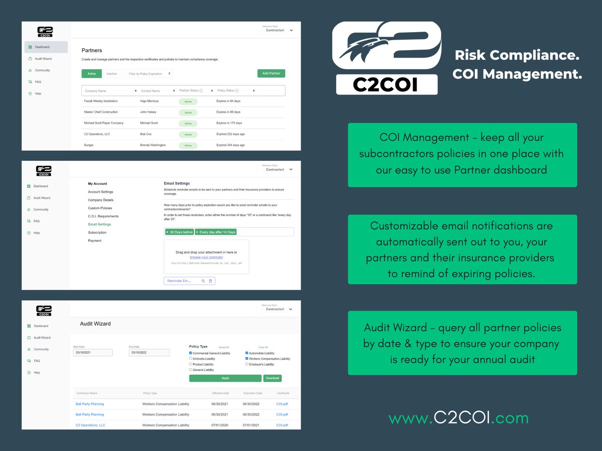 C2_COI's tweet photo. Simplify insurance compliance with C2COI! 
Track and manage Certificates of Insurance efficiently, reduce risk, and stay organized—all with just a click. Discover how our software can streamline your vendor and subcontractor COI processes today! 🚀
#RiskManagement https://t.co/0TIf4flXLm