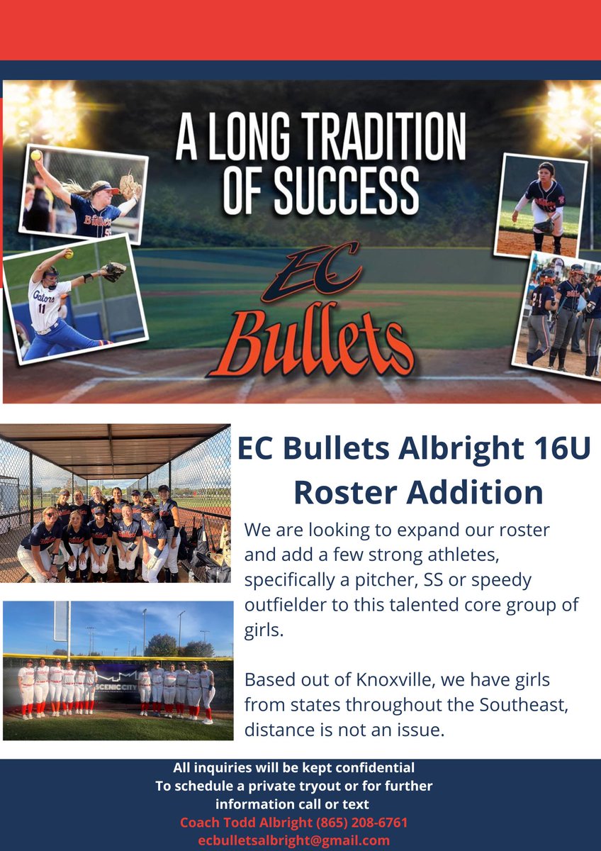 EC Bullets - Albright (@bulletsalbright) on Twitter photo All positions considered. Specific needs are pitcher, SS or speedy OF. Our summer schedule will include top Southeast and National Showcase tournaments.
Contact Todd Albright
ecbulletsalbright@gmail.com or (865) 208-6751
<a href="/EastCobbBullets/">EC Bullets Fastpitch</a> All positions considered. Specific needs are pitcher, SS or speedy OF. Our summer schedule will include top Southeast and National Showcase tournaments.
Contact Todd Albright
ecbulletsalbright@gmail.com or (865) 208-6751
<a href="/EastCobbBullets/">EC Bullets Fastpitch</a>