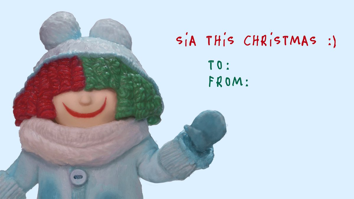 Sia's tweet image. If you need some Sia-inspired holiday cards, we’ve got you covered 🎁❄️🎄 - Team Sia