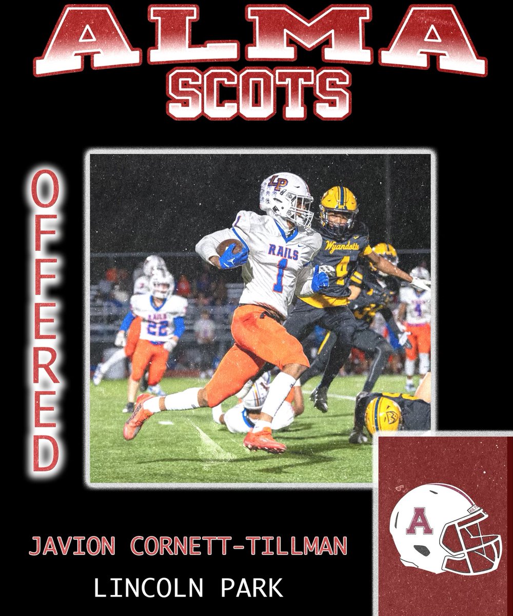 After a great visit and talk with <a href="/CoachSpooner_/">Teddy Spooner</a> I’m blessed to receive an offer from <a href="/AlmaScotsFB/">Alma College Football</a> #AGTG🙏🏽#GoScots <a href="/coachbonmon/">Chad Bonmon</a> <a href="/rickd3212/">Ricky Dennis Jr.</a> <a href="/JoeDeichelbohr4/">Joe D</a>