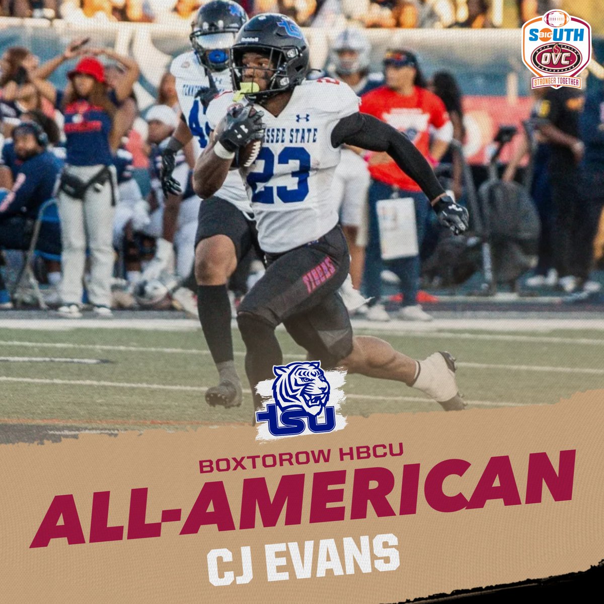 OVC-Big South Football Association (@bigsouthovcfb) on Twitter photo πππ-ππ ππ₯ππππ‘ βΌοΈ π
<a href="/TSUTigersFB/">Tennessee State Football</a> return specialist CJ Evans (<a href="/Cj_evans5/">Cj Evans</a>) has been named an HBCU All-American by <a href="/boxtorow/">BOXTOROW MEDIA</a>.
bit.ly/3Vqnscr | #RoarCity | #BigSouthOVCFB πππ-ππ ππ₯ππππ‘ βΌοΈ π
<a href="/TSUTigersFB/">Tennessee State Football</a> return specialist CJ Evans (<a href="/Cj_evans5/">Cj Evans</a>) has been named an HBCU All-American by <a href="/boxtorow/">BOXTOROW MEDIA</a>.
bit.ly/3Vqnscr | #RoarCity | #BigSouthOVCFB