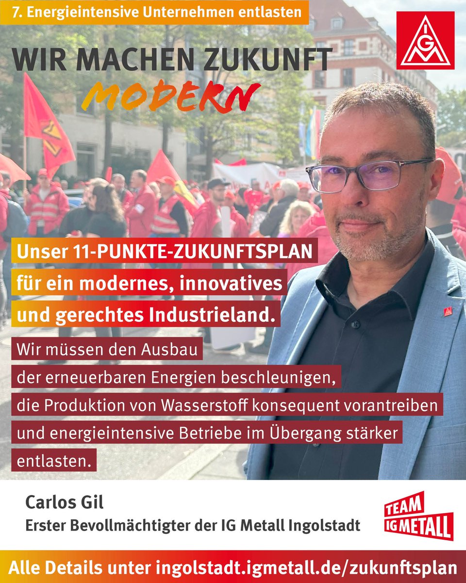 IGMetall_IN's tweet photo. Du möchtest mehr über unseren 11-PUNKTE-ZUKUNFTSPLAN erfahren? Hier geht´s zu all unseren Punkten 👉https://t.co/CDsAcG1Gr2
 
#igmetall #igmetallingolstadt #wirgestaltenzukunft #ingolstadt #zukunftsplan #elfpunktezukunftsplan #deutschland #industrieland https://t.co/NYPQipgkWG