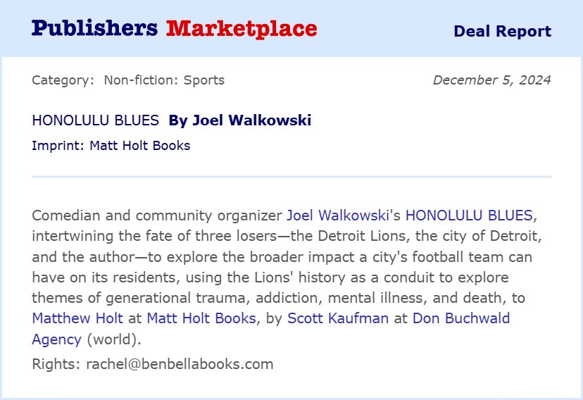 Being a Detroit Lions fan has always been a beautiful experience--even when they were losing--so I wrote a beautiful book about them. 

Honolulu Blues uses Lions history as a guide to getting sober, dealing with a rough upbringing &amp; facing emotions. 

I can't wait to share this.
