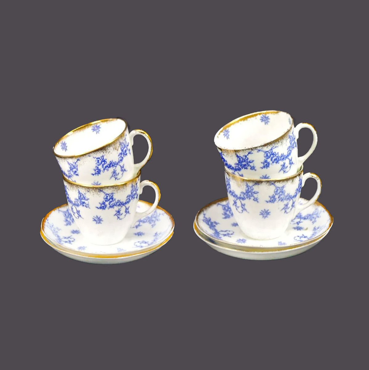 G97816960Girl's tweet photo. Four antique art-nouveau Regent China Ibis cup and saucer sets. Flow-blue bone china made in England. https://t.co/7LYl6010PV via @Etsy #BuyfromGroovy #antiques #antiquedishes #artnouveau #teatime #coffeetime #bluewhitedishes #flowblue #RegentChina #RegentChinaIbis #RegentIbis #etsysellers