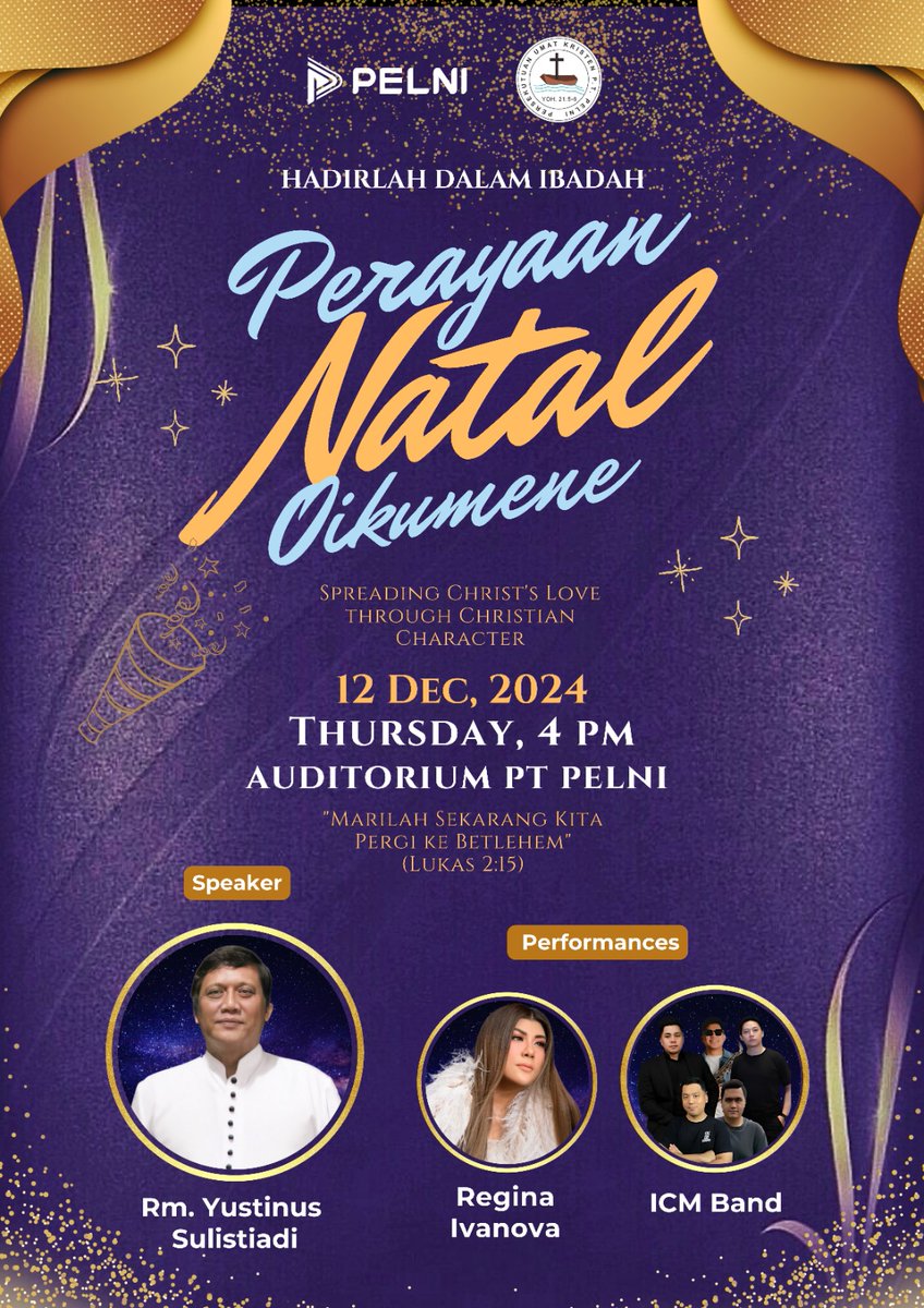 Hadirilah ibadah Perayaan Natal Oikumene PT PELNI (Pesero) 2024. Spreading Christ's Love Through Christian Character (Lukas 2:15).

Untuk informasi lebih lanjut bisa menghubungi Sdr. Robin (081806360465) atau Sdri. Meylin ( 081534733225).

Terima kasih. Tuhan Yesus Memberkati.