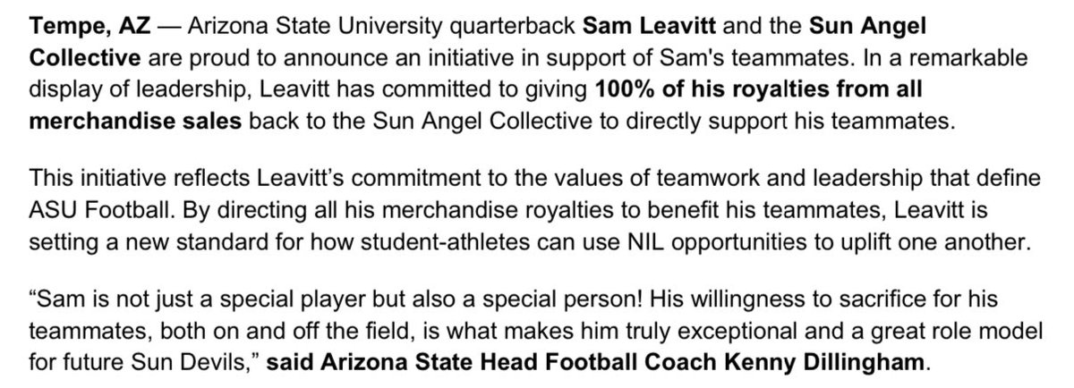 Wow. Talk about leadership. 

ASU QB Sam Leavitt is donating 100% of his merchandise sales back to the collective to support his teammates. 

This is what a winning culture looks like.