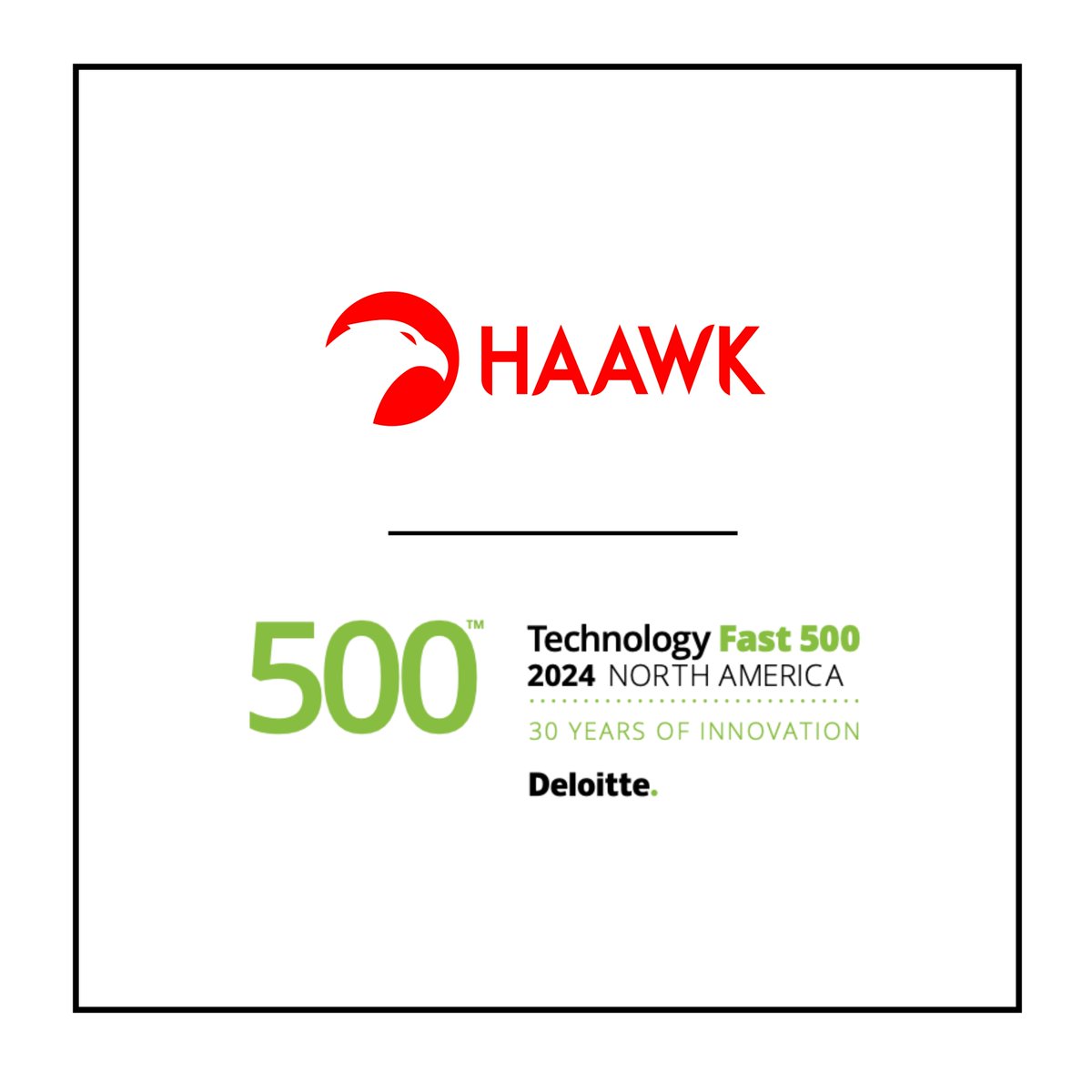 Proud to announce that HAAWK has been ranked #411 on Deloitte’s 2024 Tech Fast 500 with 266% growth! Huge thanks to the <a href="/HaawkInc/">HAAWK, Inc.</a> team, clients, and partners! 🚀