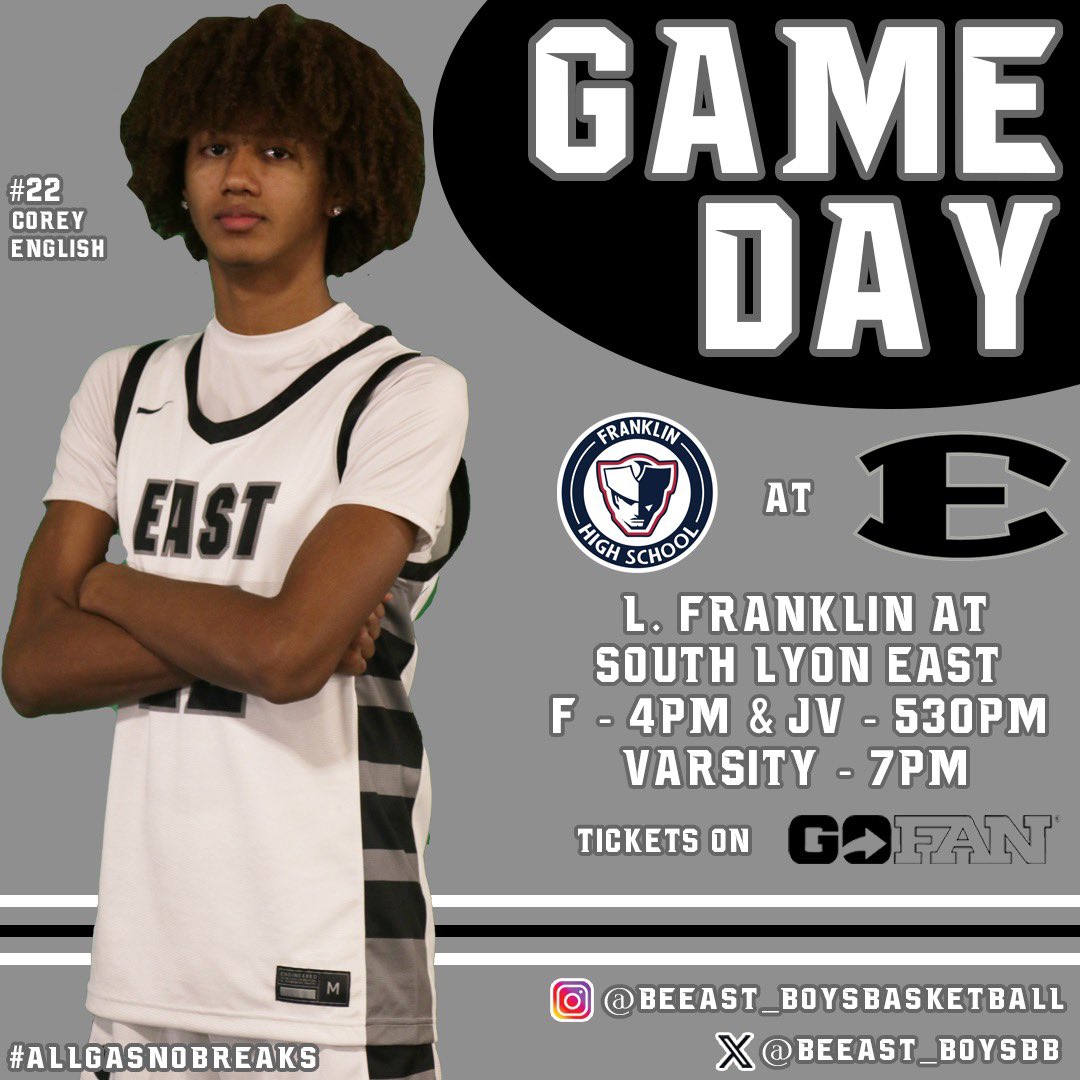 South Lyon East Boys Basketball (@beeast_boysbb) on Twitter photo It is GAMEDAY! The Cougs defend the home court tonight against Livonia Franklin!
⌚️: Tonight 12/6 - F: 4pm, JV: 5:30pm, and Varsity: 7pm
📍: <a href="/SouthLyonEastHS/">South Lyon East HS</a>
🎟️: tinyurl.com/SLEBoysGame2Tix
📺: <a href="/NFHSNetwork/">NFHS Network</a>
#BeEAST | #AllGasNoBreaks It is GAMEDAY! The Cougs defend the home court tonight against Livonia Franklin!
⌚️: Tonight 12/6 - F: 4pm, JV: 5:30pm, and Varsity: 7pm
📍: <a href="/SouthLyonEastHS/">South Lyon East HS</a>
🎟️: tinyurl.com/SLEBoysGame2Tix
📺: <a href="/NFHSNetwork/">NFHS Network</a>
#BeEAST | #AllGasNoBreaks