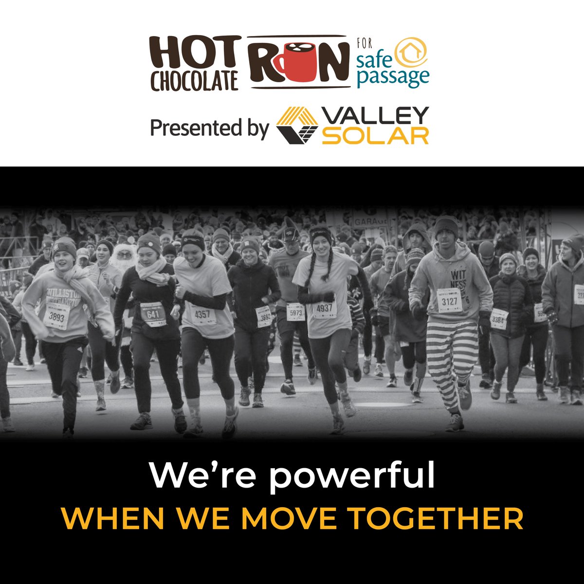 Reminder to pick up your bibs tomorrow! See you all on Sunday morning. #hotchocolaterun #safepassage #feelthepower