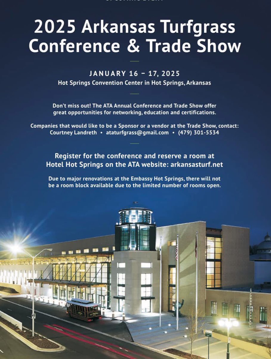 Kick off the weekend by registering early for the ATA Conference and Trade Show on January 16th and 17th. Contact Courtney with questions. We have exhibitor spots and sponsorships still available.  Go to arkansasturf.net to register.