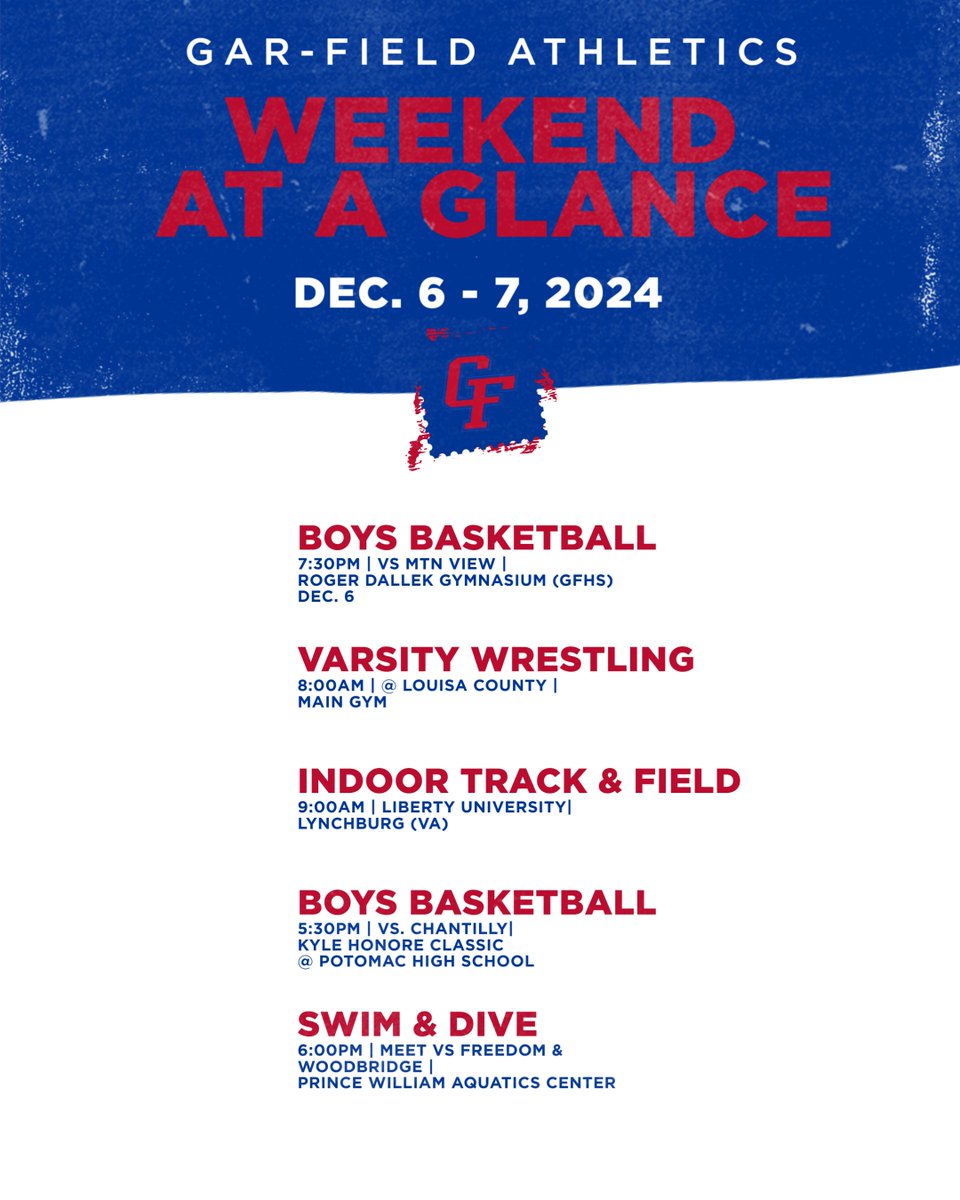 Gar-Field Athletics weekend at a glance! Boys Basketball home tonight vs Mountain View and back on the road tomorrow at Potomac vs Chantilly. Wrestling, ITRK, Swim &amp; Dive all competing Saturday! Winter Sports in full swing! #rideforthebrand #runwiththepack