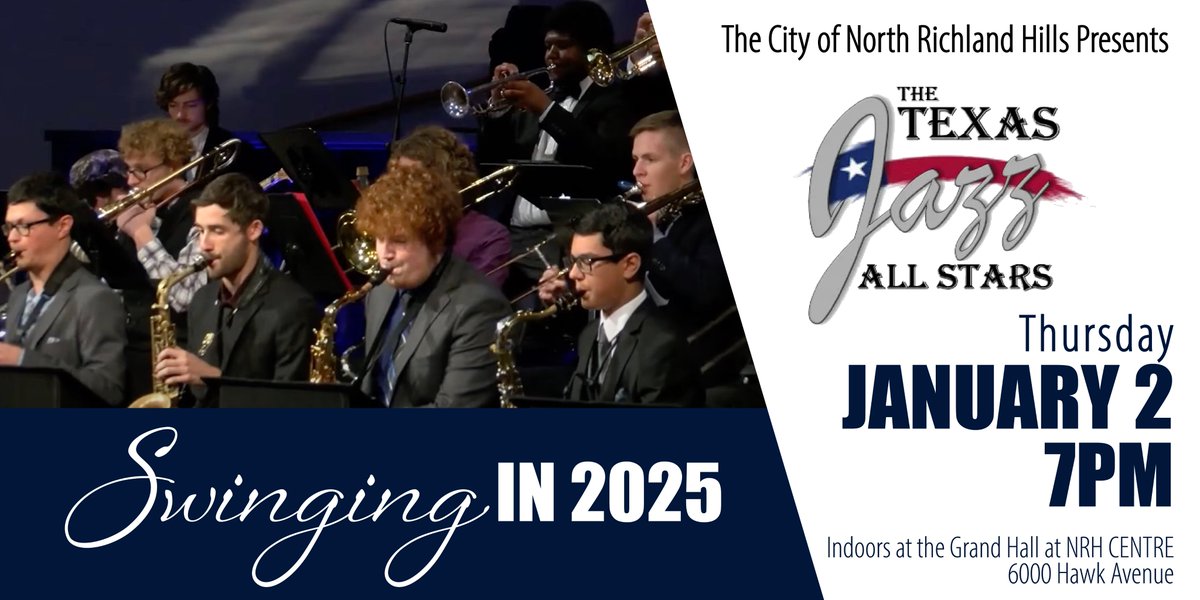 Swinging in 2025 with Texas Jazz All Stars!
Enjoy a free, live concert featuring the best young musicians in N. Texas on Thurs, Jan 2, 2025 at 7 PM in the Grand Hall at the NRH Centre, 6000 Hawk Avenue. This event is free, but reservations are required. bit.ly/Swingingin25Ja…