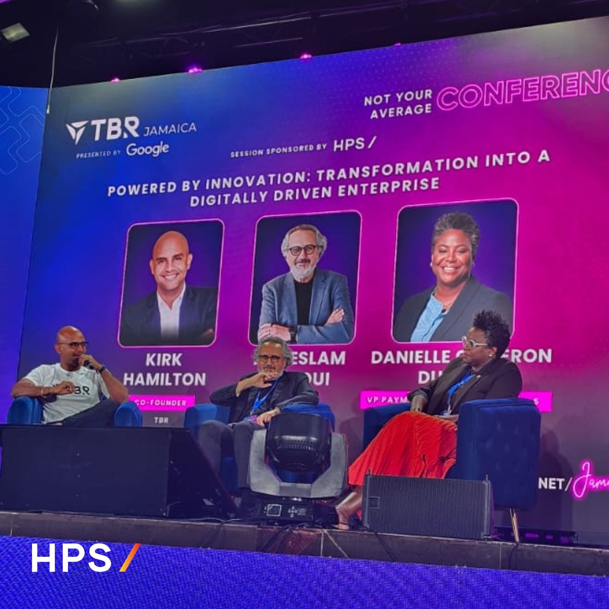 HPS_worldwide's tweet photo. Hello from Tech Beach Retreat 2024 in Montego Bay, Jamaica! After sharing insights on AI &amp; global payments, HPS CEO Abdeslam Alaoui joined Kirk-Anthony Hamilton &amp; Danielle Cameron Duncan for a panel on how innovation is reshaping the future of banking. https://t.co/QFJS9cUELi