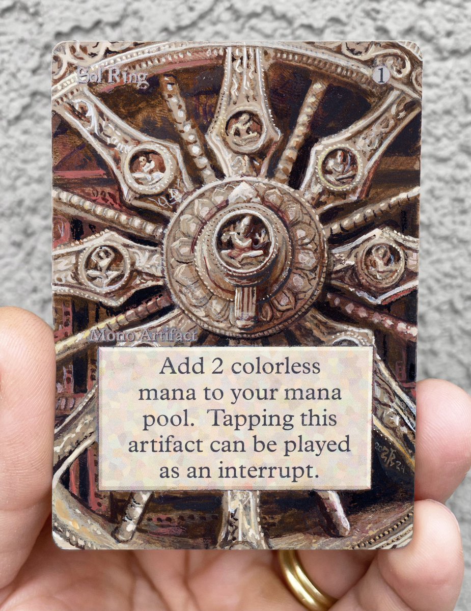 skaltered's tweet photo. This one’s been a long time coming!
The Konark Sun Temple Wheel, hand painted for the one and only @ghirapurigears on an Unlimited Sol Ring.
#solring https://t.co/ji6F0x5ffd