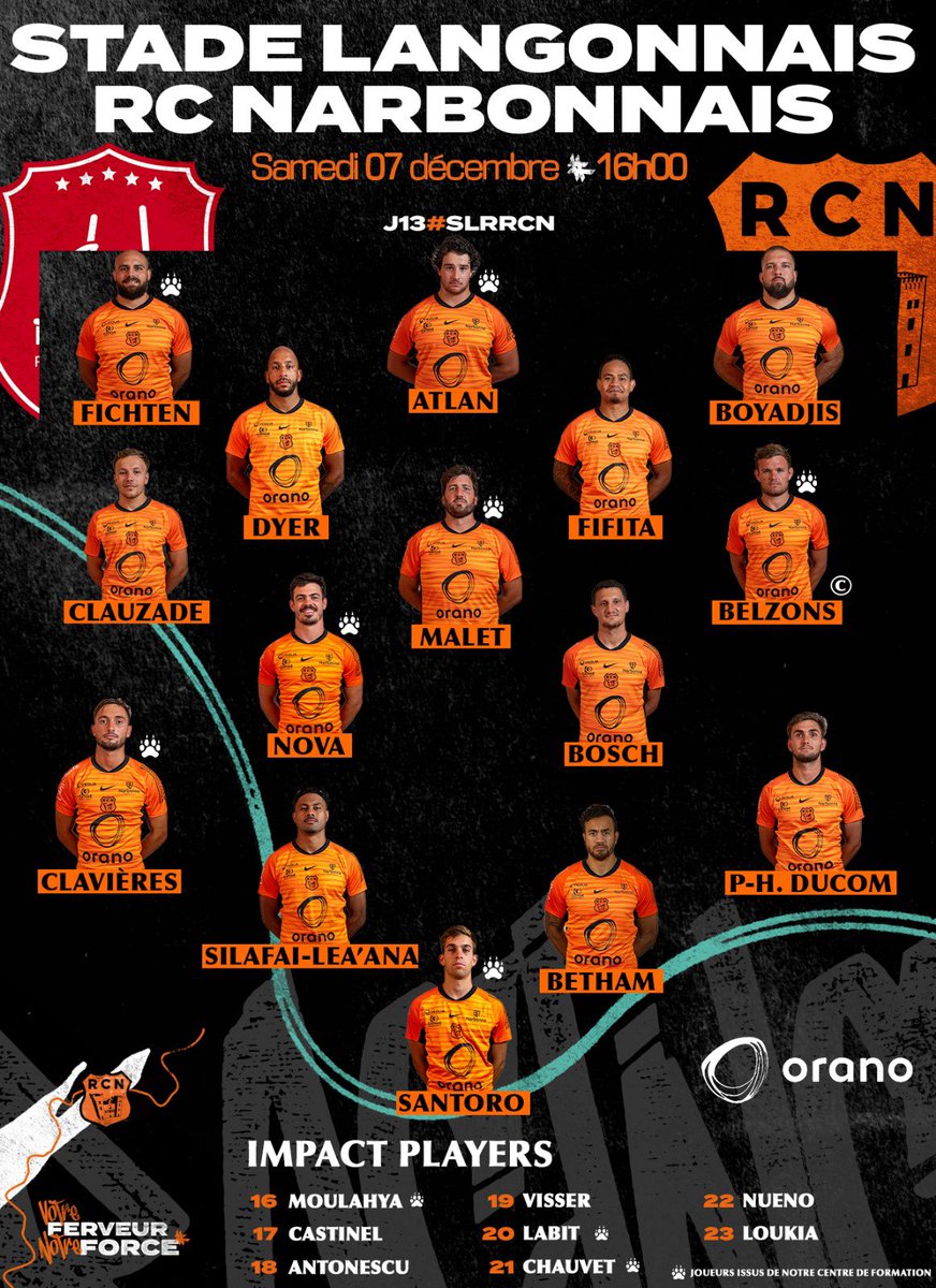 𝘾𝙤𝙢𝙥𝙤𝙨𝙞𝙩𝙞𝙤𝙣 𝙙'é𝙦𝙪𝙞𝙥𝙚 ⚔️

<a href="/Oranomalvesi/">Orano Malvési</a> vous présente la composition d’équipe pour le 13ème match de championnat de Nationale.

🏆<a href="/NationaleRugby/">Nationale Rugby</a> 
🆚 <a href="/StadeLangonnais/">Stade Langonnais Rugby</a> 
📆 Samedi 07 décembre 2024
🕓 16h00
🏟Stade Comberlin

Allez le Racing ! 🟠⚫️