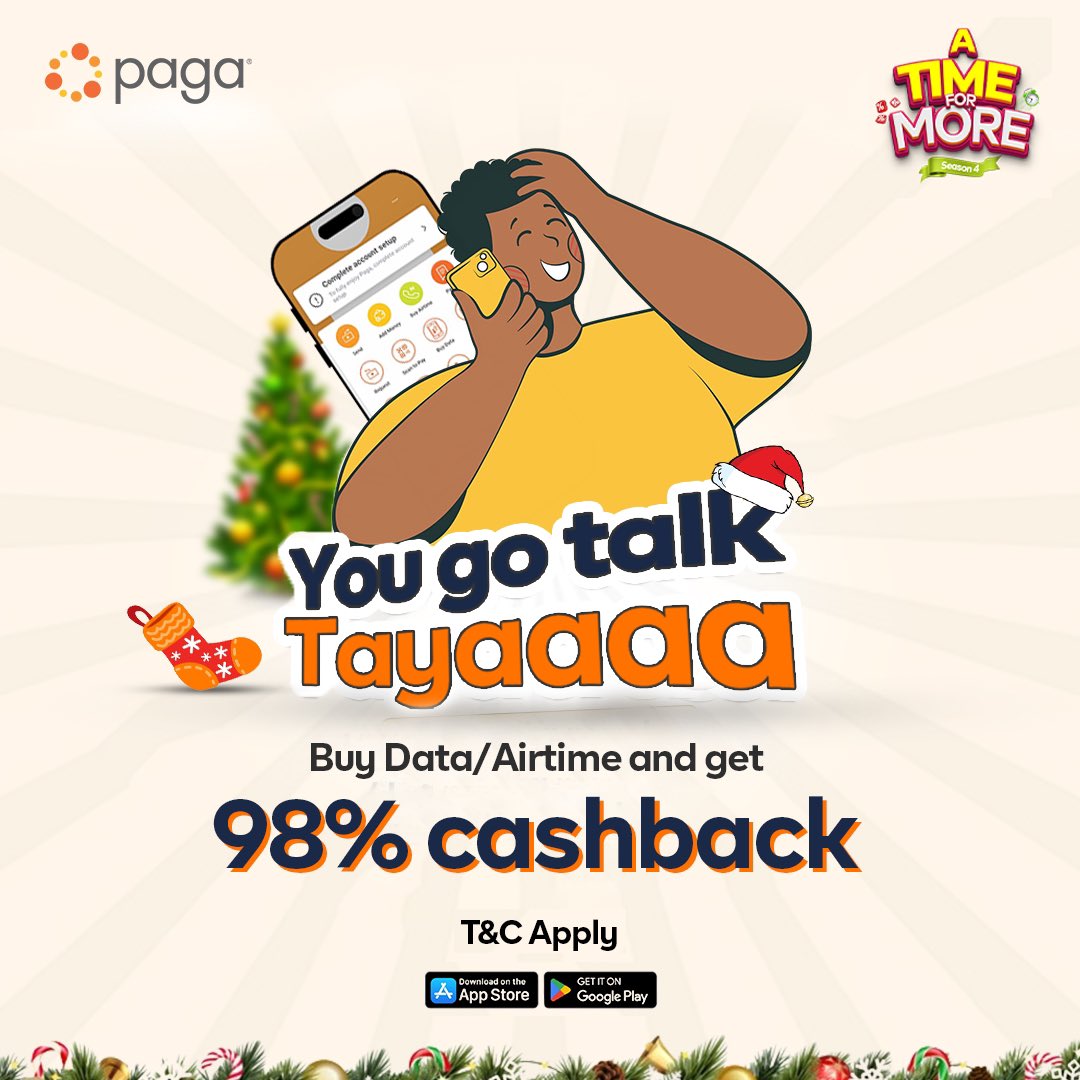 paga's tweet photo. A detty December package just for you.
Weβre turning your everyday into extraordinary. It is a season of love, a time for more.
#atimeformore #paga #makinglifepossible https://t.co/JlxZ7AWOPZ