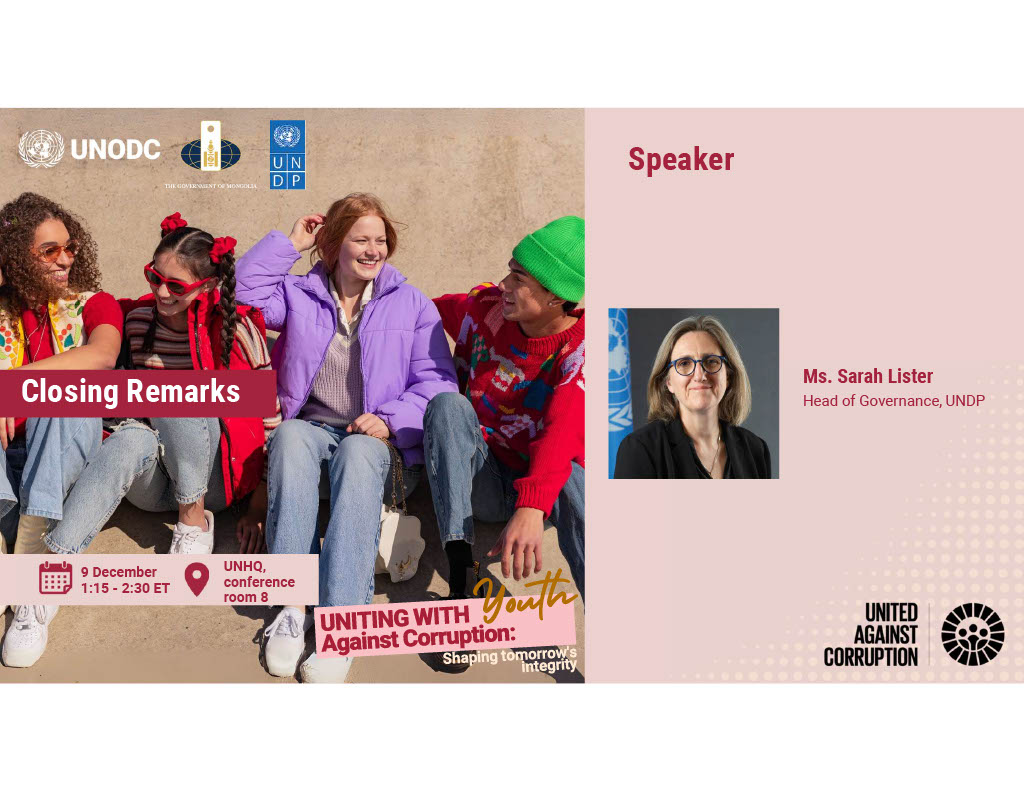 UNDP Anti-Corruption (@undpgain) on Twitter photo Join us at the #IACD2024 Special Event on Uniting with Youth against Corruption, with closing remarks from UNDP's <a href="/sa_lister/">Sarah Lister</a>.
The event starts at 1:15pm EST and will also be livestreamed on UN Web TV: webtv.un.org/en/asset/k1h/k…
#IACD2024 #UnitedAgainstCorruption #YouthLead Join us at the #IACD2024 Special Event on Uniting with Youth against Corruption, with closing remarks from UNDP's <a href="/sa_lister/">Sarah Lister</a>.
The event starts at 1:15pm EST and will also be livestreamed on UN Web TV: webtv.un.org/en/asset/k1h/k…
#IACD2024 #UnitedAgainstCorruption #YouthLead