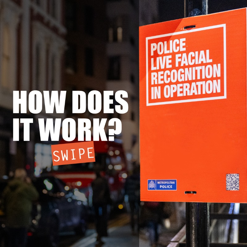 metpoliceuk's tweet photo. 540 arrests through Live Facial Recognition. 

We're using Live Facial Recognition technology to prevent crime and identify individuals who pose a serious threat in our community.

Ever wondered how it works? Swipe to find out.
