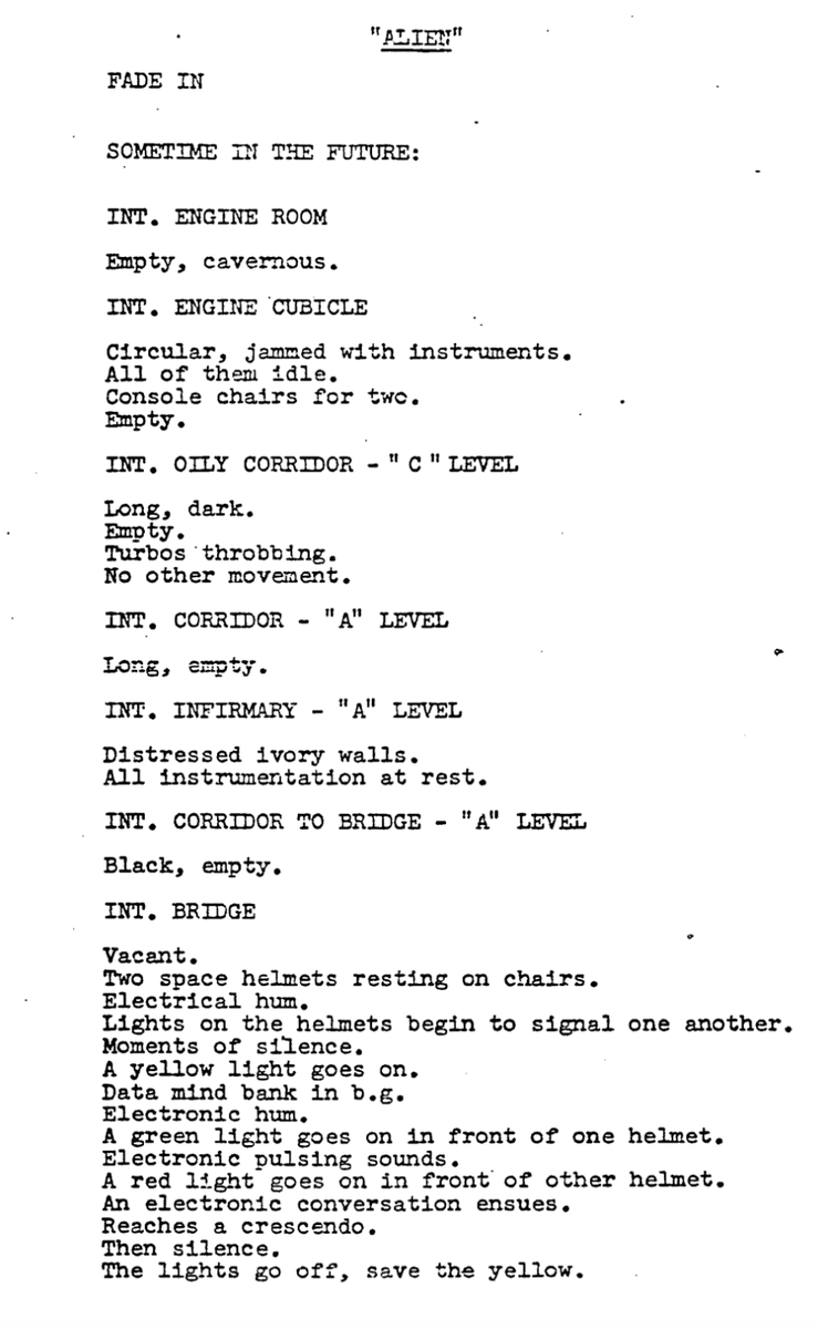 scripthive's tweet photo. Question of the Day: What can we still learn from the first page of Walter Hill and David Giler's *Alien*? #screenwriters #screenwriting #writingcommunity

This script and many more at https://t.co/61e15qRhlq https://t.co/TmxU8zLHTz