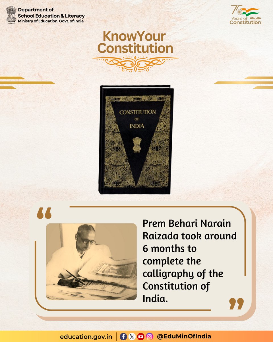 EduMinOfIndia's tweet photo. #KnowYourConstitution
Did you know the Indian Constitution wasn’t printed or typed? It was handwritten by calligrapher Prem Behari Narain. Preserved in the Parliament library, the handwritten Constitution stands as both a legal document and a work of art, a rare characteristic.
#75YearsOfConstitution #HamaraSamvidhanHamaraSwabhiman