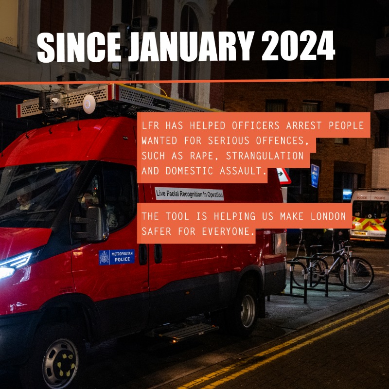 metpoliceuk's tweet photo. 540 arrests through Live Facial Recognition. 

We're using Live Facial Recognition technology to prevent crime and identify individuals who pose a serious threat in our community.

Ever wondered how it works? Swipe to find out.