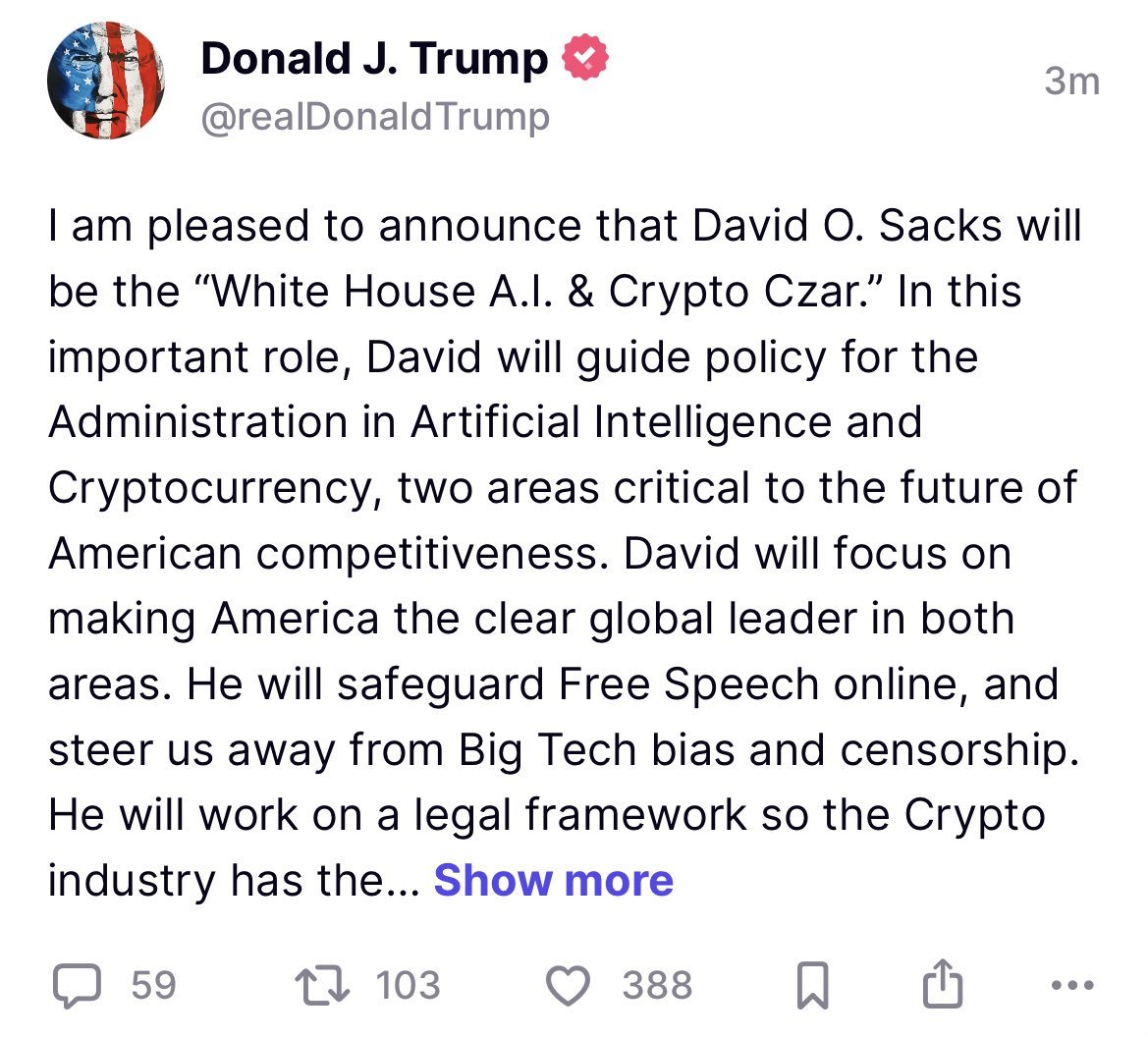 又是一项利好，新任的加密货币大总管David Sacks @DavidSacks 有丰富的加密货币经验，是风险投资公司Craft Ventures  的联合创始人兼普通合伙人。 该公司投资了多个加密货币相关项目，包括dYdX、Lightning Labs、River  Financial、Kresus、Set Protocol、FOLD、Harbor ...