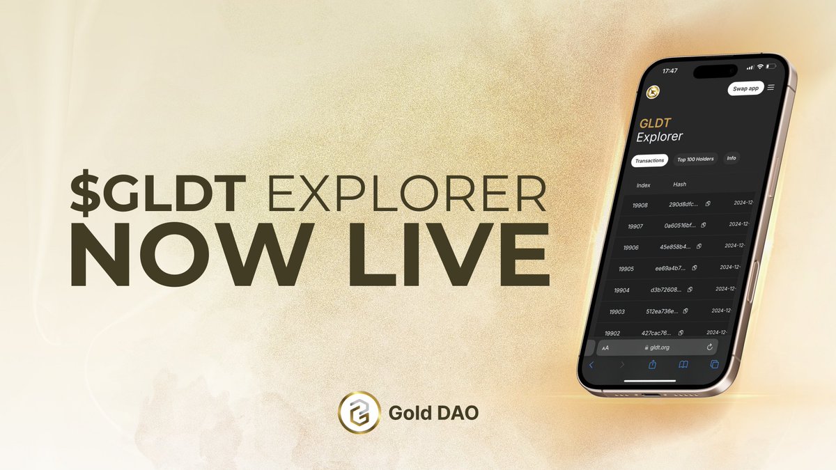 GLDTorg's tweet photo. The $GLDT Explorer is now live! 

🔗Try Now:  https://t.co/Q6V3JBD2zY

Now you can explore:
🔍 Latest Transactions
💰 Rich List
📊 Comprehensive On-Chain Data

Stay informed and track the heartbeat of the $GLDT ecosystem! https://t.co/PtOujcx4yp