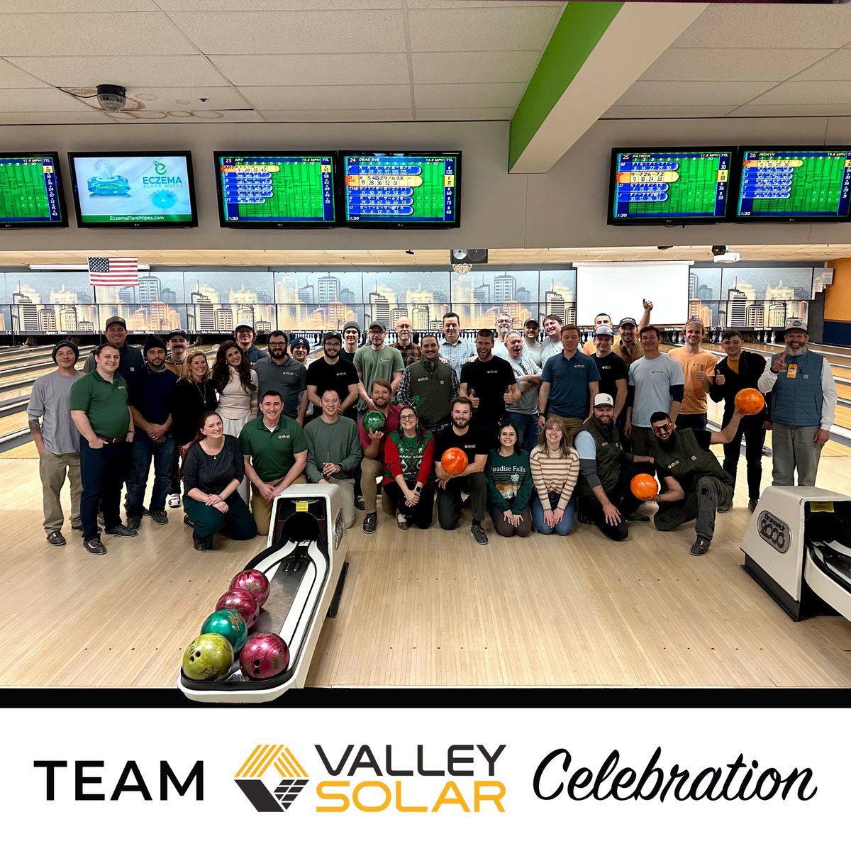 Here’s to working for a great company, a little holiday spirit, and making memories that’ll last all year long!  #ValleySolar #HolidayBowlingParty #TeamCelebration #hibachi #TeamAppreciation #teamvalleysolar #solarinstallersmassachusettes