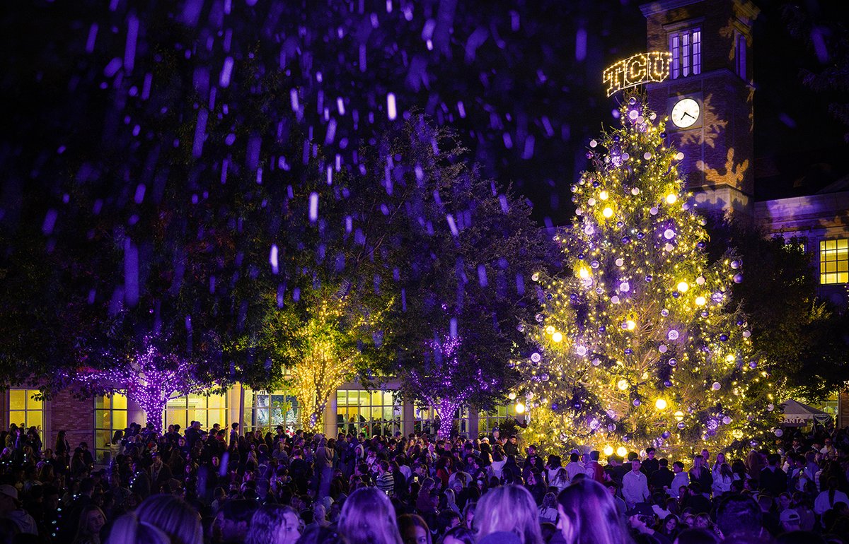 TCU_Giving's tweet image. Now that the TCU Christmas Tree is lit, it is officially Christmas season! 🎄