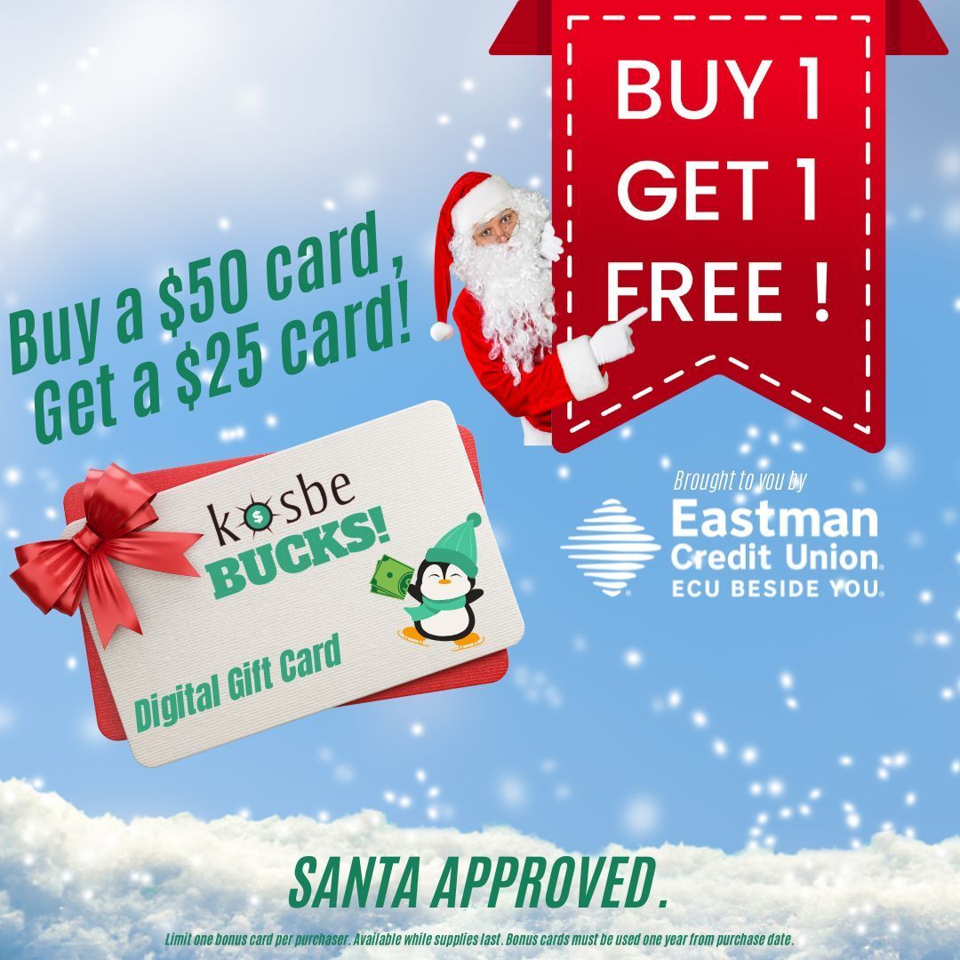 KOSBEConnection's tweet photo. KOSBE Bucks are Santa approved!

Make gift giving a breeze and click the link in our bio to take advantage of our BOGO promotion, sponsored by Eastman Credit Union! https://t.co/QfoeG9IOGQ