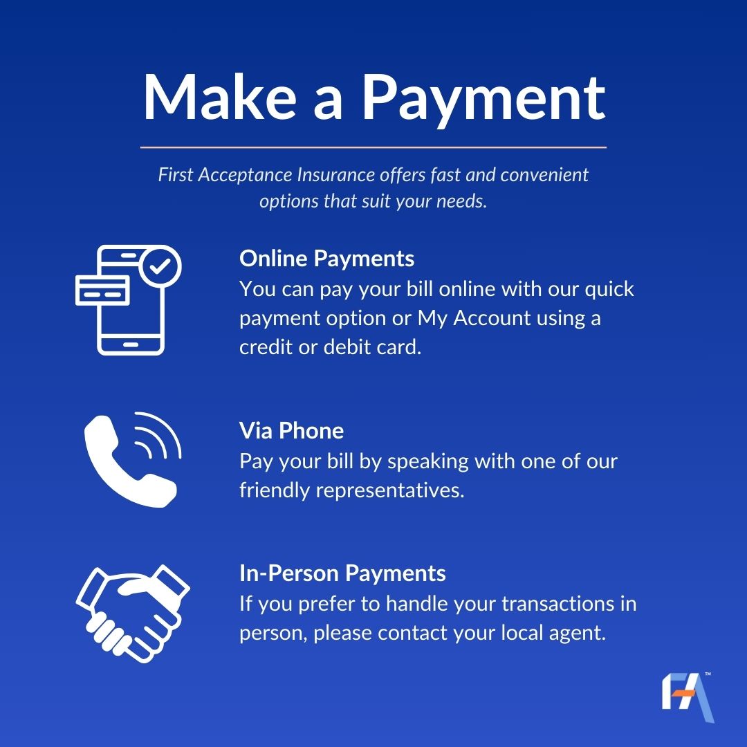 💻 Pay your bill online, by phone, or in person. First Acceptance Insurance offers fast and convenient payment options that suit your preferences and schedule. Grab your policy number and get started! 👉 ow.ly/FL4v50TgPvO

 #InsuranceTips #FinancialSecurity #FlexiblePayment