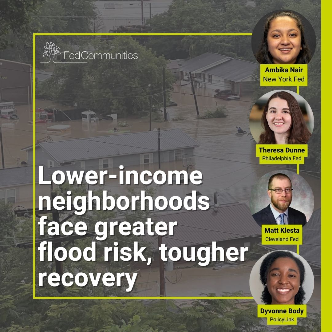 The community development teams at the @newyorkfed, <a href="/philadelphiafed/">Philadelphia Fed</a> and the <a href="/ClevelandFed/">Cleveland Fed</a> each conducted studies shedding light on communities’ vulnerabilities and their flood-risk exposure. Check out this blog to explore their findings. bit.ly/3V3vnMu