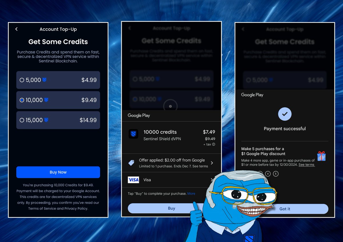 Scooped 10k $DVPN right from the <a href="/SentinelDVPN/">SentinelP2P</a> Shield app - using my Google Play account‼️💳🛡️

No one the wiser that this dVPN is running on blockchain 💯

Here is a #Cosmos irl product easily accessible by normies - delivering a vital service 🛡️

LFG bluefrens! 💙

#DePIN