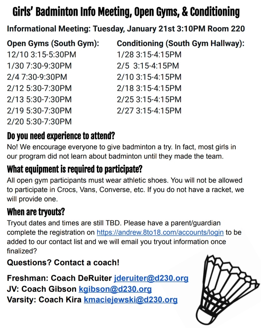 tboltbadminton's tweet photo. The badminton pre-season starts next week! Don't miss out on these great opportunities to prepare for tryouts. 🏸 https://t.co/dJpwcd3J7q
