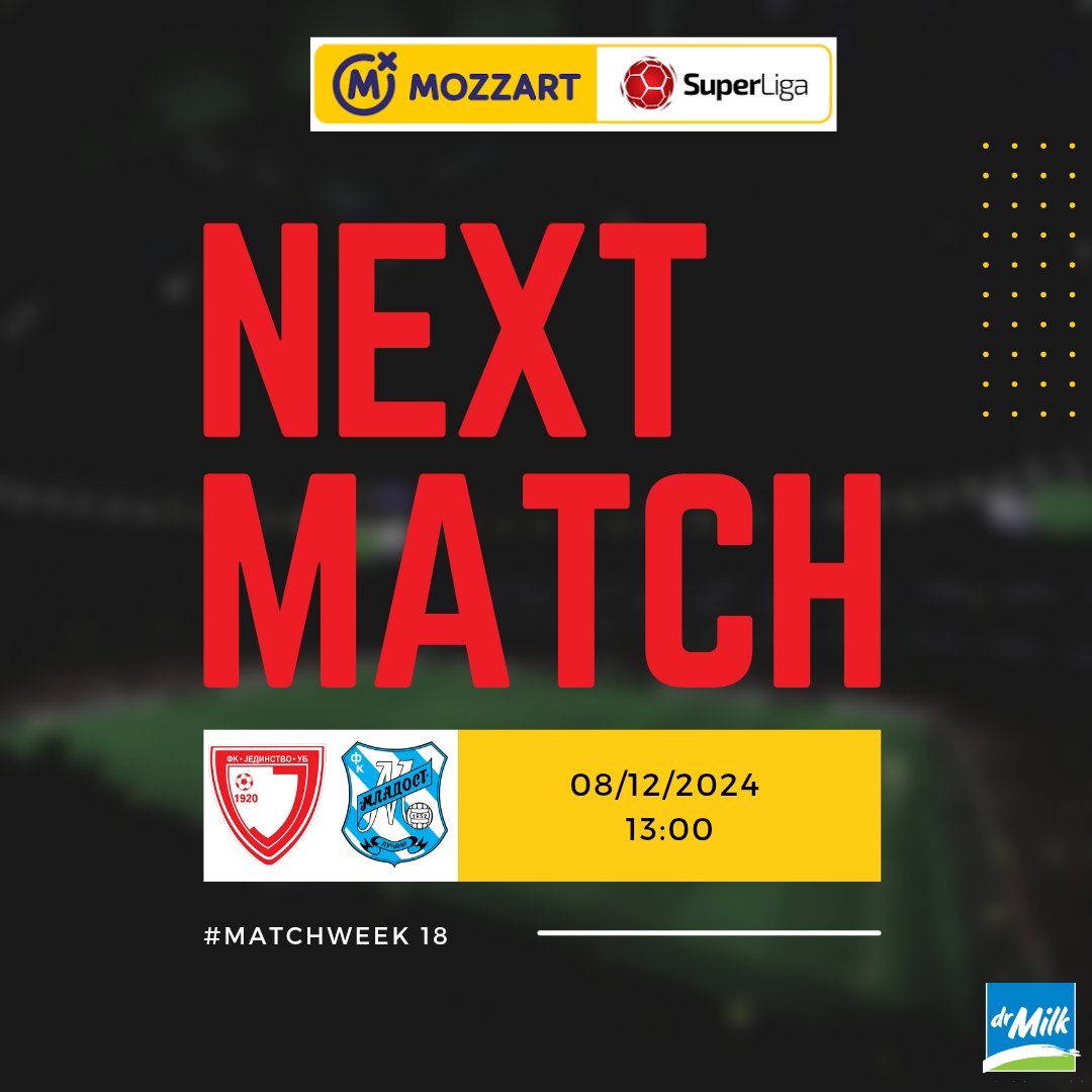 FK Jedinstvo 🆚 FK Mladost 
🗓️ NEDELJA 08. DECEMBAR 
⏰ 13:00
🏆#mozzartbetsuperliga
🏟️ Stadion FK Voždovac, Beograd 

#fkjedinstvoub #superligasrbije #mozzartbetsuperliga