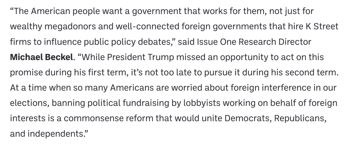 IssueOneReform's tweet photo. A new Issue One review from @mjbeckel of federal campaign finance disclosures shows that Trump raised $10 million from lobbyists who worked for foreign governments during the 2024 presidential campaign, despite his earlier "drain the swamp" rhetoric. https://t.co/RRz38GoPnQ https://t.co/XSnF01CTkW